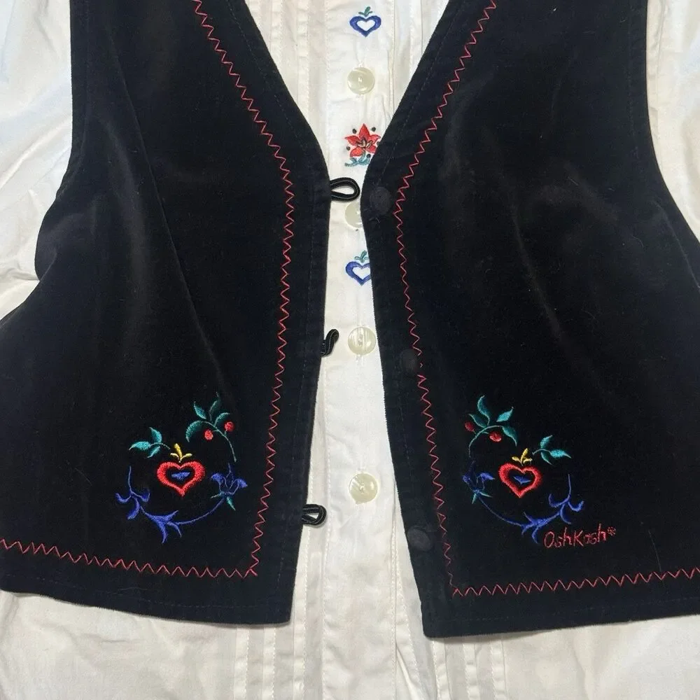 VTG 90s OshKosh Bgosh Girls 3pc Holiday Set Velvet Vest Plaid Skort Blouse 6X